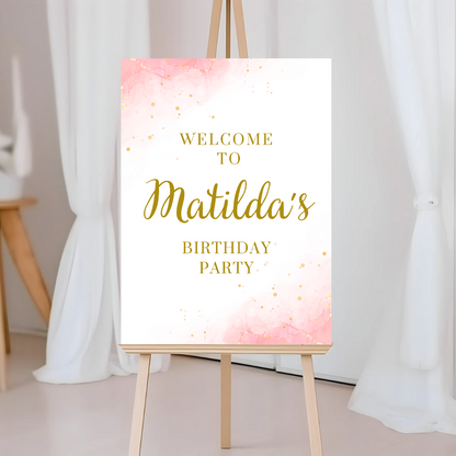 Pink & Gold Welcome Board Sign | Personalised Baby Shower, Birthday, Hen Party Board | Party Sign | A4, A3, A2