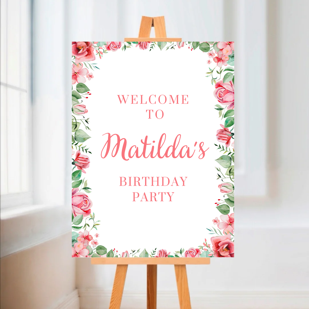 Fuchsia Pink Floral Roses Welcome Board Sign | Personalised Baby Shower, Birthday Party Board | Party Sign | A4, A3, A2