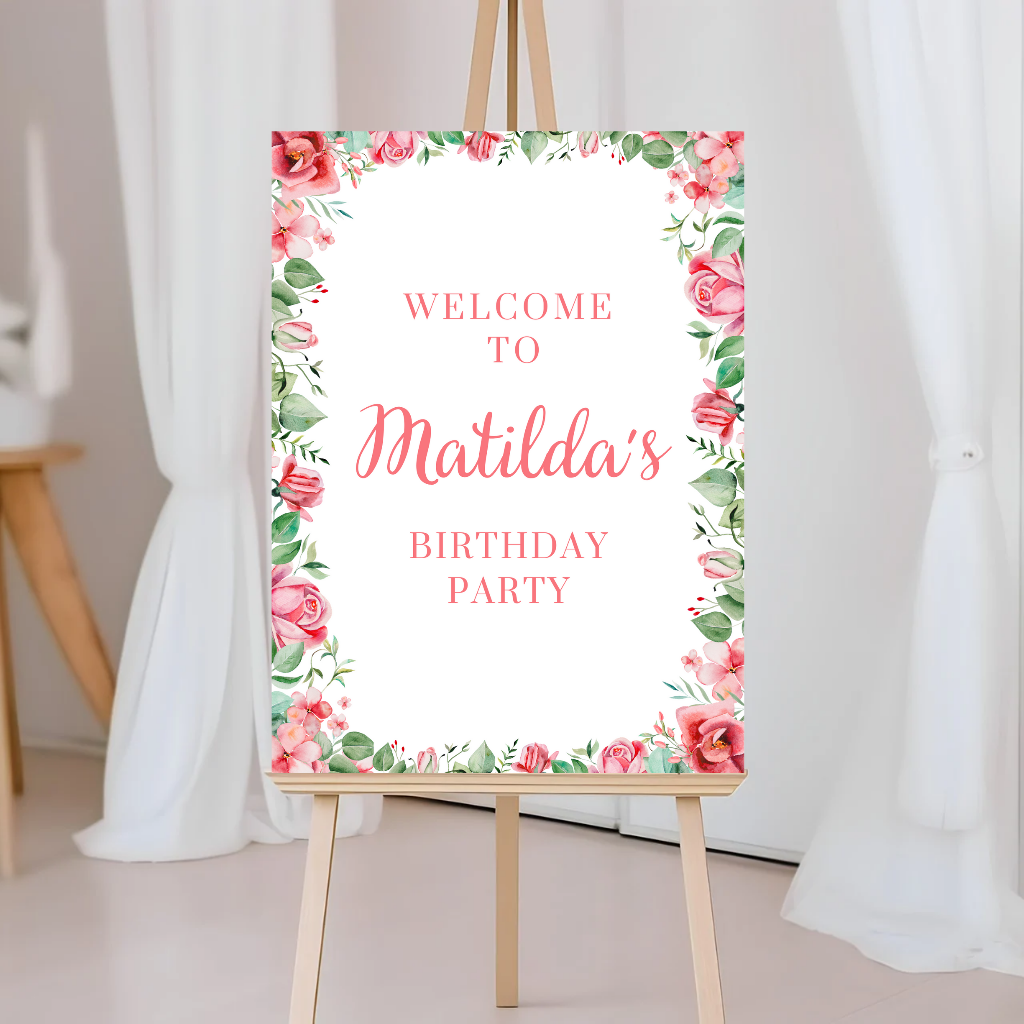 Fuchsia Pink Floral Roses Welcome Board Sign | Personalised Baby Shower, Birthday Party Board | Party Sign | A4, A3, A2