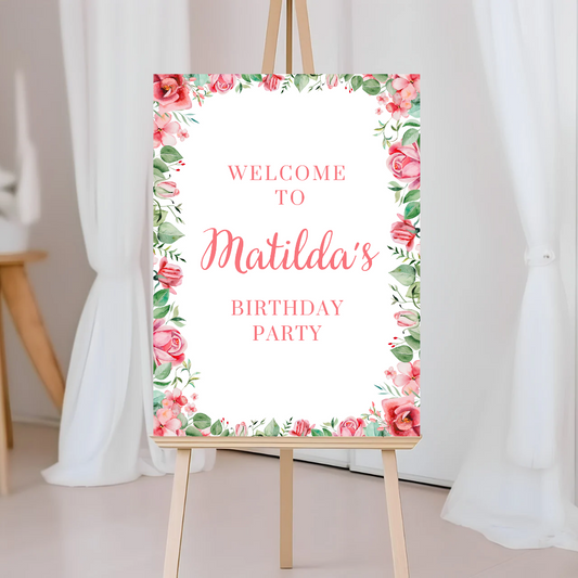 Fuchsia Pink Floral Roses Welcome Board Sign | Personalised Baby Shower, Birthday Party Board | Party Sign | A4, A3, A2