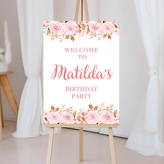 Pink Floral Roses Welcome Board Sign | Personalised Baby Shower, Birthday Party Board | Party Sign | A4, A3, A2