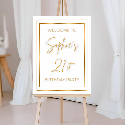White & Gold Welcome Board Sign | Personalised Birthday Board | Birthday Party Sign | A4, A3, A2