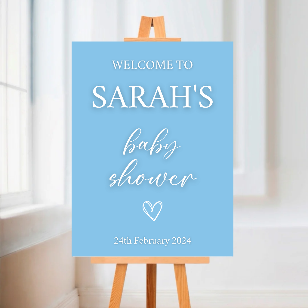 Blue Heart Baby Shower Welcome Board Sign | Personalised Baby Shower Board | Christening Party Sign | A4, A3, A2