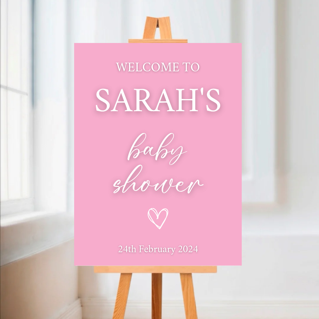 Pink Heart Baby Shower Welcome Board Sign | Personalised Baby Shower Board | Christening Party Sign | A4, A3, A2