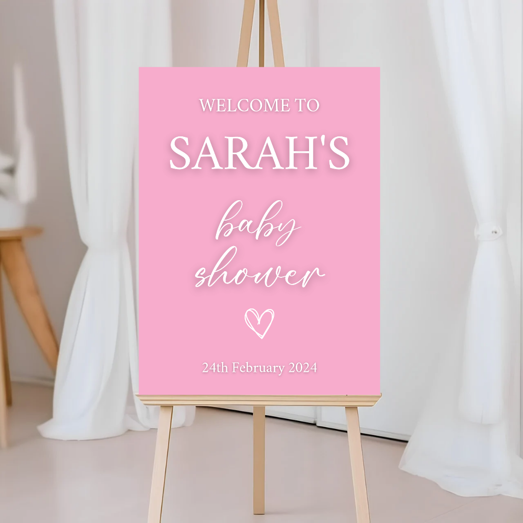 Pink Heart Baby Shower Welcome Board Sign | Personalised Baby Shower Board | Christening Party Sign | A4, A3, A2