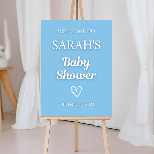 Blue Heart Baby Shower Welcome Board Sign | Personalised Baby Shower Board | Christening Party Sign | A4, A3, A2