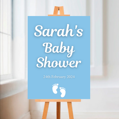 Blue Footprint Baby Shower Welcome Board Sign | Personalised Baby Shower Board | Christening Party Sign | A4, A3, A2