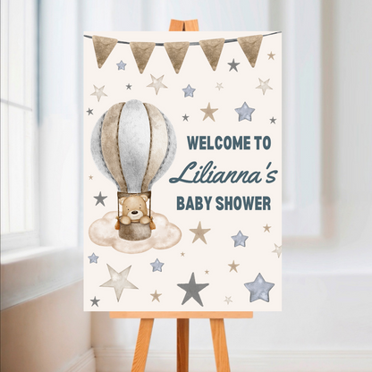 Brown Beige Blue Bear Hot Air Balloon Welcome Board Sign | Personalised Birthday, Christening, Baby Shower Board | Party Sign | A4, A3, A2