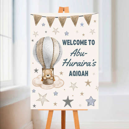 Brown Beige Blue Bear Hot Air Balloon Welcome Board Sign | Personalised Birthday, Christening, Baby Shower Board | Party Sign | A4, A3, A2