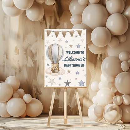 Brown Beige Blue Bear Hot Air Balloon Welcome Board Sign | Personalised Birthday, Christening, Baby Shower Board | Party Sign | A4, A3, A2