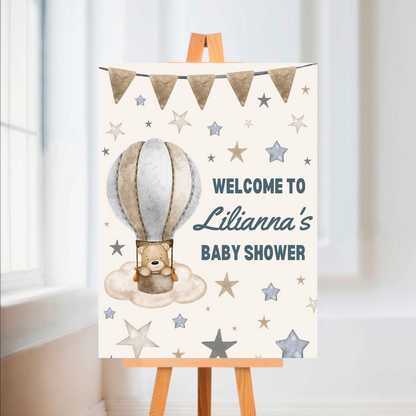 Brown Beige Blue Bear Hot Air Balloon Welcome Board Sign | Personalised Birthday, Christening, Baby Shower Board | Party Sign | A4, A3, A2