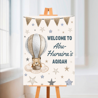 Brown Beige Blue Bear Hot Air Balloon Welcome Board Sign | Personalised Birthday, Christening, Baby Shower Board | Party Sign | A4, A3, A2