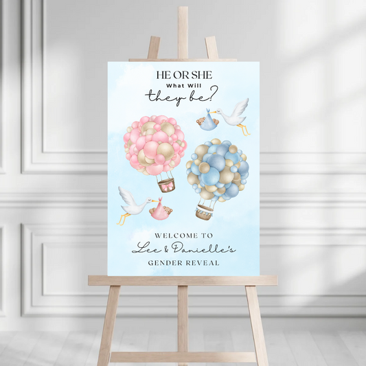 Pink Blue Baby Bear Stork Gender Reveal Welcome Board Sign | Personalised Gender Reveal Board | Party Sign | A4, A3, A2