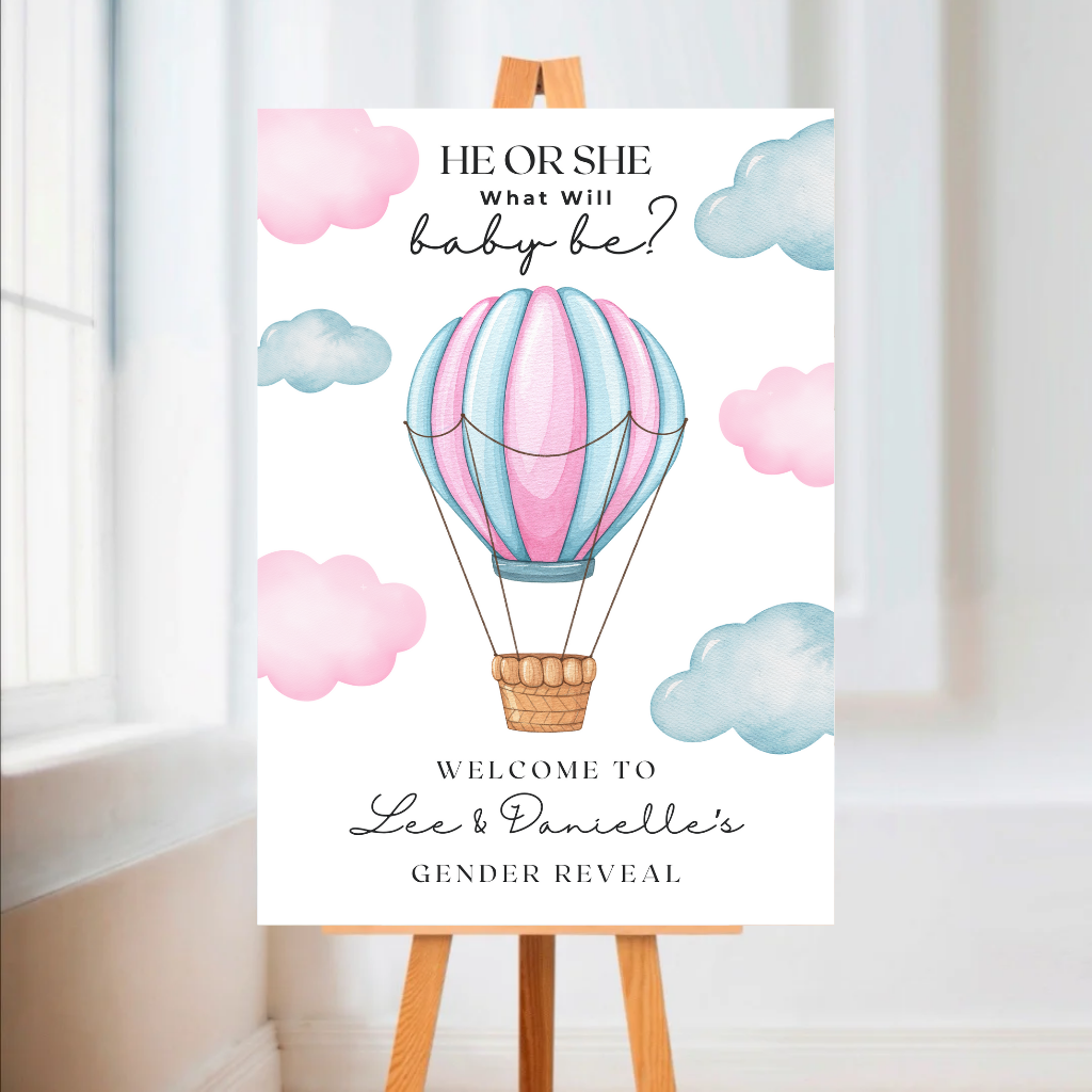 Pink Blue Hot Air Balloon Gender Reveal Welcome Board Sign | Personalised Gender Reveal Board | Party Sign | A4, A3, A2