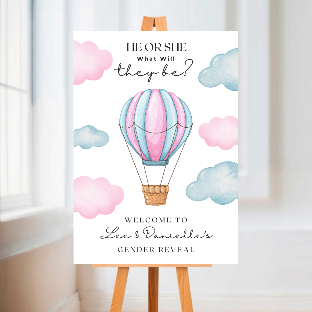 Pink Blue Hot Air Balloon Gender Reveal Welcome Board Sign | Personalised Gender Reveal Board | Party Sign | A4, A3, A2