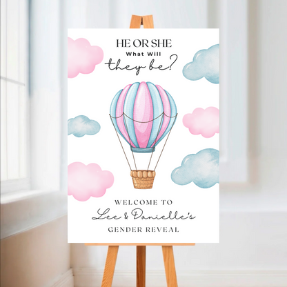 Pink Blue Hot Air Balloon Gender Reveal Welcome Board Sign | Personalised Gender Reveal Board | Party Sign | A4, A3, A2