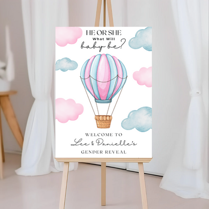 Pink Blue Hot Air Balloon Gender Reveal Welcome Board Sign | Personalised Gender Reveal Board | Party Sign | A4, A3, A2