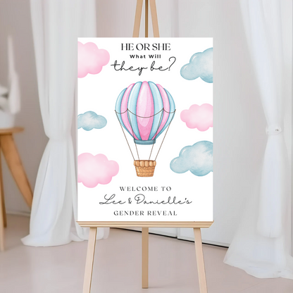 Pink Blue Hot Air Balloon Gender Reveal Welcome Board Sign | Personalised Gender Reveal Board | Party Sign | A4, A3, A2