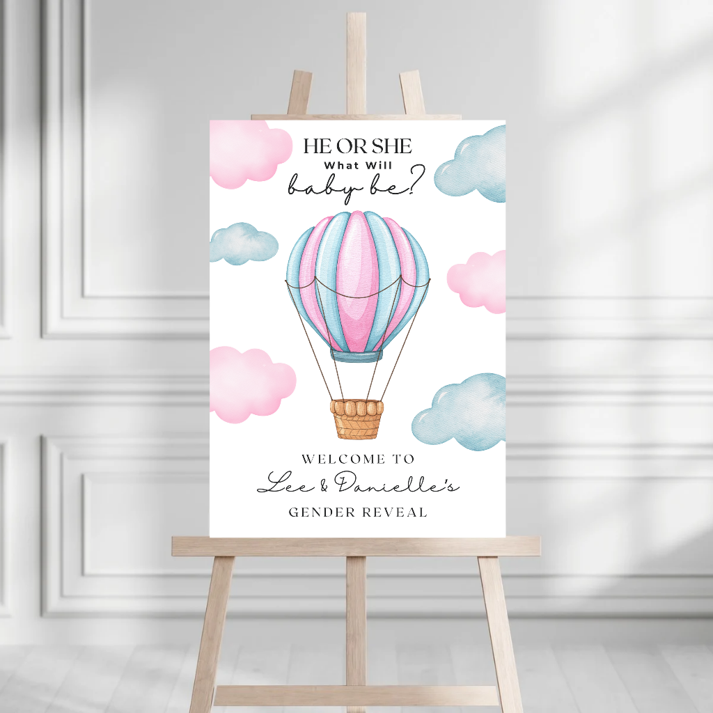 Pink Blue Hot Air Balloon Gender Reveal Welcome Board Sign | Personalised Gender Reveal Board | Party Sign | A4, A3, A2