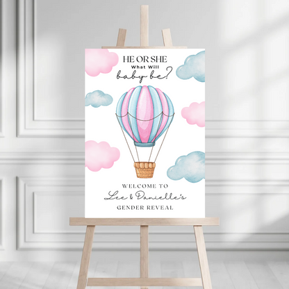 Pink Blue Hot Air Balloon Gender Reveal Welcome Board Sign | Personalised Gender Reveal Board | Party Sign | A4, A3, A2