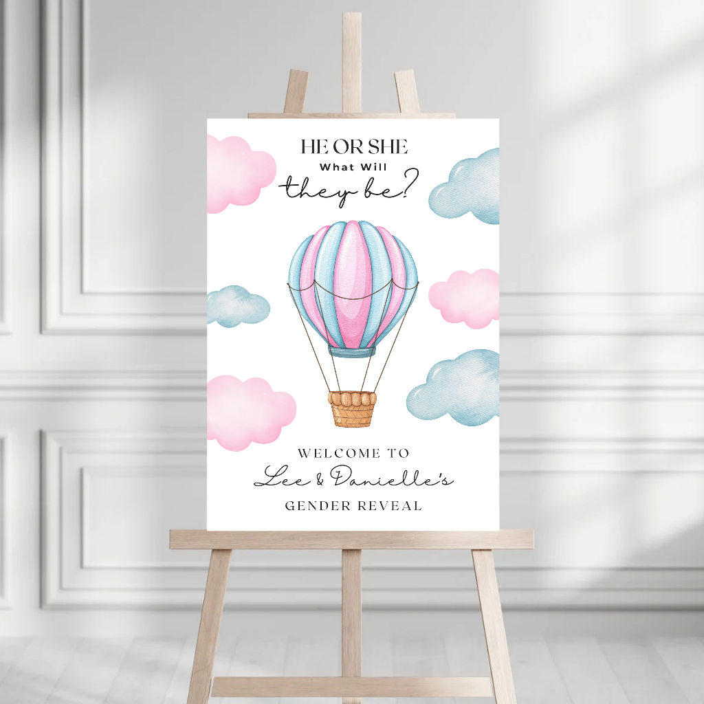 Pink Blue Hot Air Balloon Gender Reveal Welcome Board Sign | Personalised Gender Reveal Board | Party Sign | A4, A3, A2