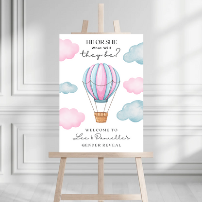 Pink Blue Hot Air Balloon Gender Reveal Welcome Board Sign | Personalised Gender Reveal Board | Party Sign | A4, A3, A2