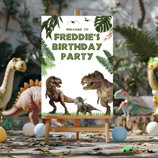 Dinosaur Welcome Board Sign | Personalised Birthday Board | Birthday Party Sign | A4, A3, A2 (Design 3)