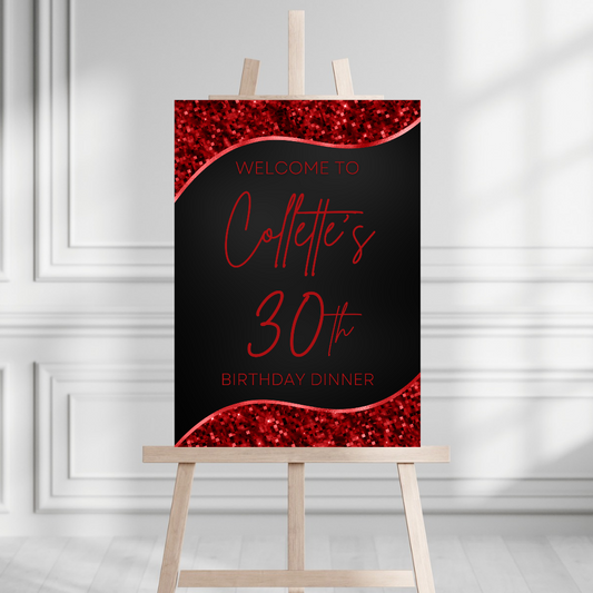Red & Black Welcome Board Sign | Personalised Birthday Board | Birthday Party Sign | A4, A3, A2