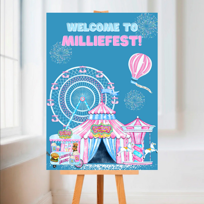 Blue & Pink Carousel Funfair Welcome Board Sign | Personalised Festival Birthday Party Board | Party Sign | A4, A3, A2, A1
