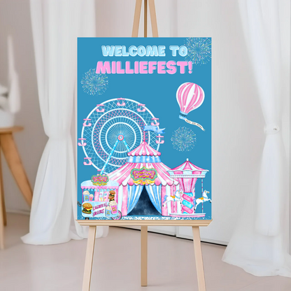 Blue & Pink Carousel Funfair Welcome Board Sign | Personalised Festival Birthday Party Board | Party Sign | A4, A3, A2, A1