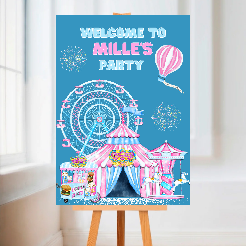 Blue & Pink Carousel Funfair Welcome Board Sign | Personalised Festival Birthday Party Board | Party Sign | A4, A3, A2, A1