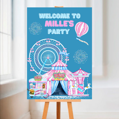 Blue & Pink Carousel Funfair Welcome Board Sign | Personalised Festival Birthday Party Board | Party Sign | A4, A3, A2, A1