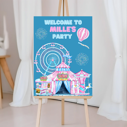 Blue & Pink Carousel Funfair Welcome Board Sign | Personalised Festival Birthday Party Board | Party Sign | A4, A3, A2, A1