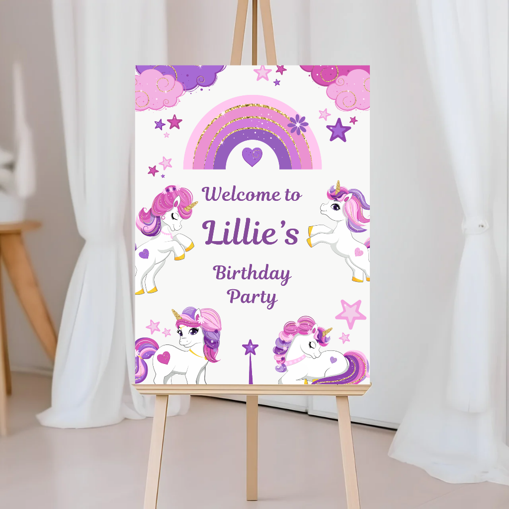 Unicorn Welcome Board Sign | Personalised Unicorn Birthday Party Board | Party Sign | A4, A3, A2, A1