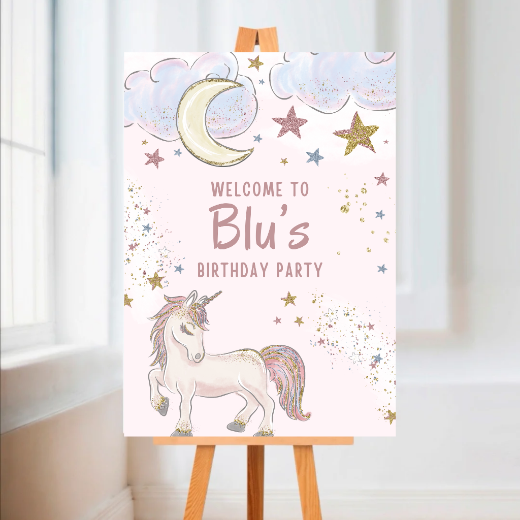 Unicorn Welcome Board Sign | Personalised Unicorn Birthday Party Board | Party Sign | A4, A3, A2, A1