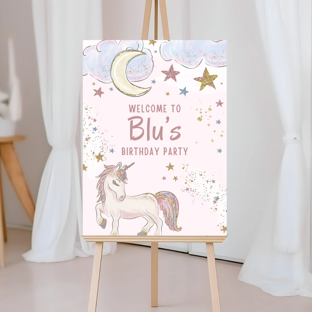 Unicorn Welcome Board Sign | Personalised Unicorn Birthday Party Board | Party Sign | A4, A3, A2, A1