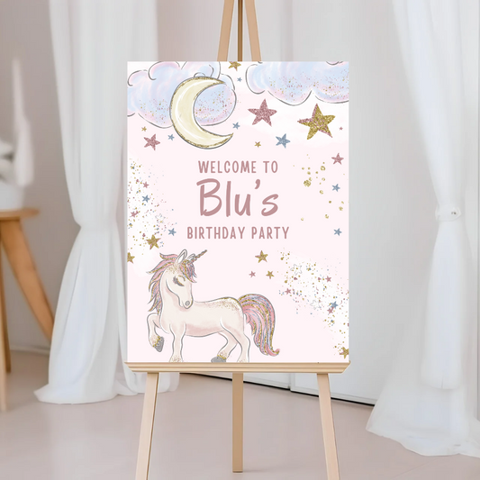 Unicorn Welcome Board Sign | Personalised Unicorn Birthday Party Board | Party Sign | A4, A3, A2, A1 - Dinky Designs