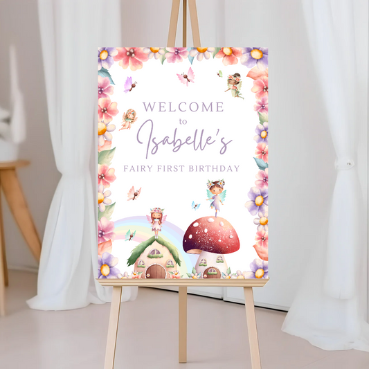 Fairy Welcome Board Sign | Personalised Fairy Birthday Party Board | Party Sign | A4, A3, A2, A1