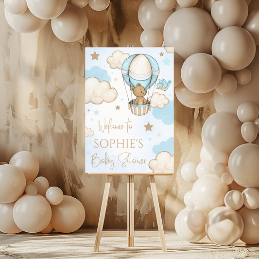 Blue Bear Hot Air Balloon Welcome Board Sign | Personalised Baby Shower, Birthday Party Board | Party Sign | A4, A3, A2
