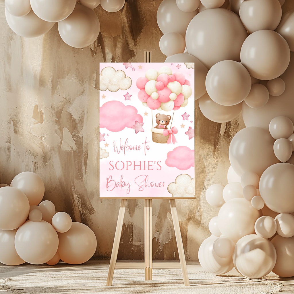 Pink Teddy Bear Hot Air Balloon Welcome Board Sign | Personalised Baby Shower, Birthday Party Board | Party Sign | A4, A3, A2