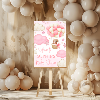 Pink Teddy Bear Hot Air Balloon Welcome Board Sign | Personalised Baby Shower, Birthday Party Board | Party Sign | A4, A3, A2