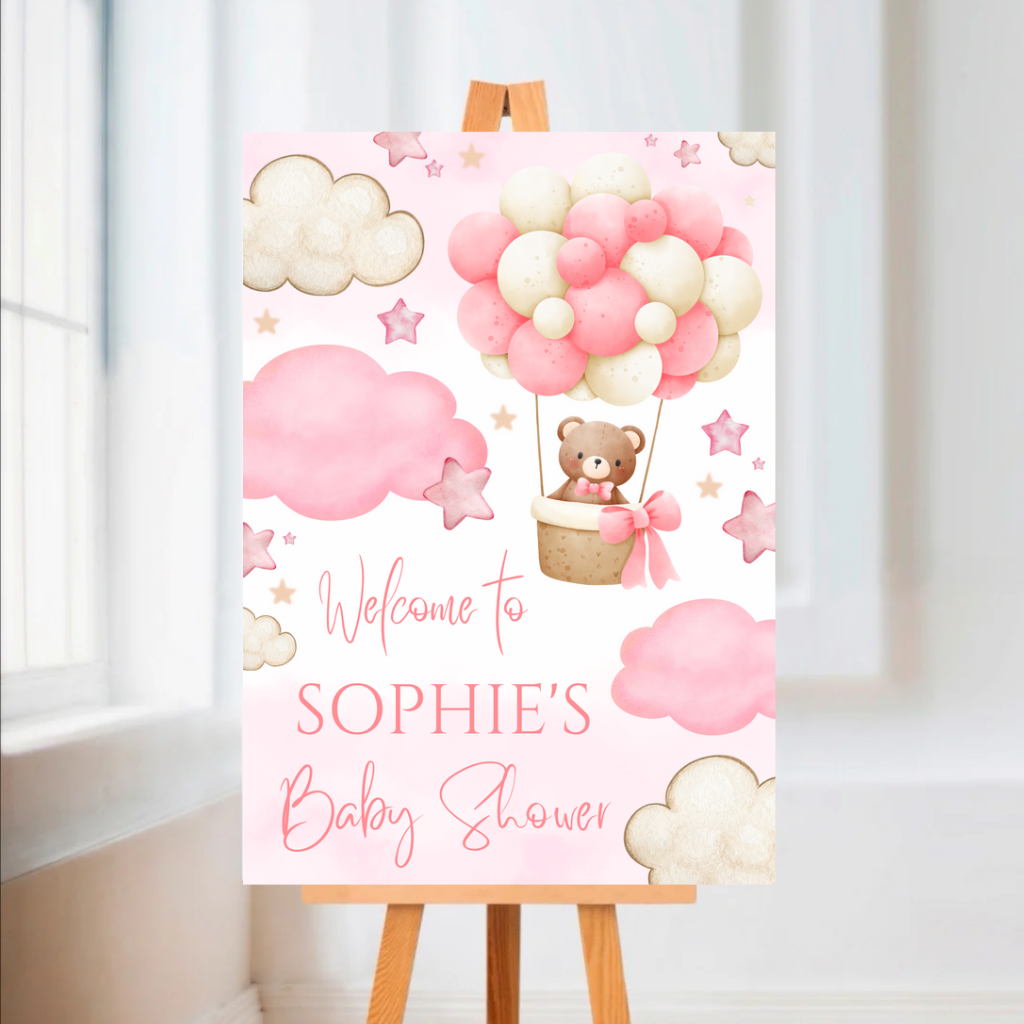 Pink Teddy Bear Hot Air Balloon Welcome Board Sign | Personalised Baby Shower, Birthday Party Board | Party Sign | A4, A3, A2