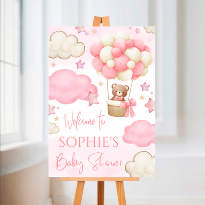 Pink Teddy Bear Hot Air Balloon Welcome Board Sign | Personalised Baby Shower, Birthday Party Board | Party Sign | A4, A3, A2