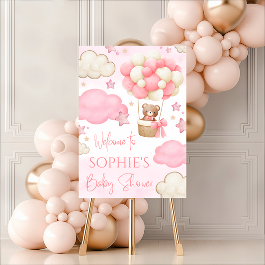 Pink Teddy Bear Hot Air Balloon Welcome Board Sign | Personalised Baby Shower, Birthday Party Board | Party Sign | A4, A3, A2