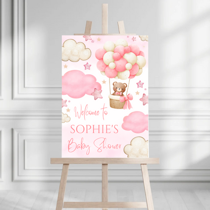 Pink Teddy Bear Hot Air Balloon Welcome Board Sign | Personalised Baby Shower, Birthday Party Board | Party Sign | A4, A3, A2