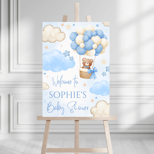 Blue Teddy Bear Hot Air Balloon Welcome Board Sign | Personalised Baby Shower, Birthday Party Board | Party Sign | A4, A3, A2