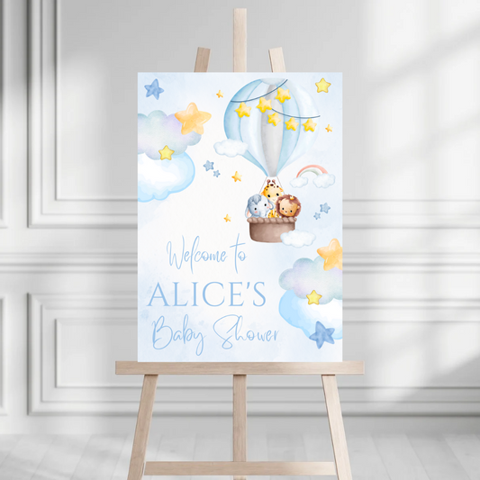 Blue Safari Animal Hot Air Balloon Welcome Board Sign | Personalised Baby Shower, Birthday Party Board | Party Sign | A4, A3, A2