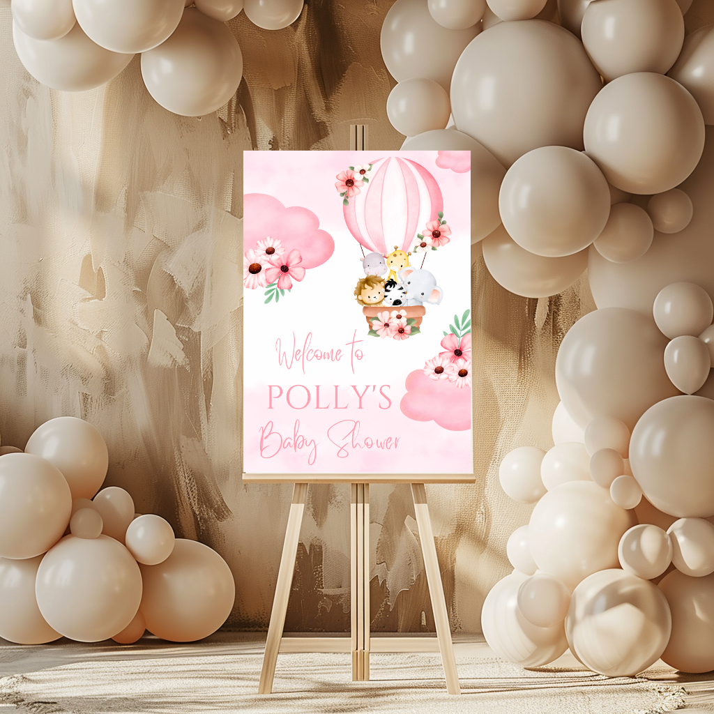 Pink Floral Safari Animal Hot Air Balloon Welcome Board Sign | Personalised Baby Shower, Birthday Party Board | Party Sign | A4, A3, A2