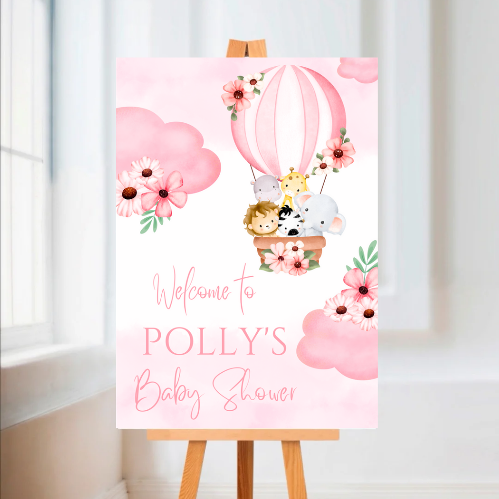 Pink Floral Safari Animal Hot Air Balloon Welcome Board Sign | Personalised Baby Shower, Birthday Party Board | Party Sign | A4, A3, A2