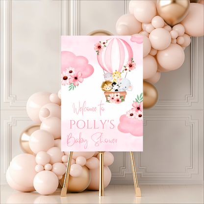 Pink Floral Safari Animal Hot Air Balloon Welcome Board Sign | Personalised Baby Shower, Birthday Party Board | Party Sign | A4, A3, A2